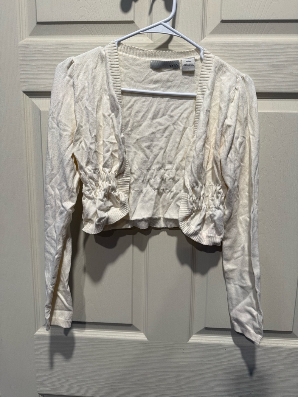 Kersh Cream Cropped Ruched Open Cardigan